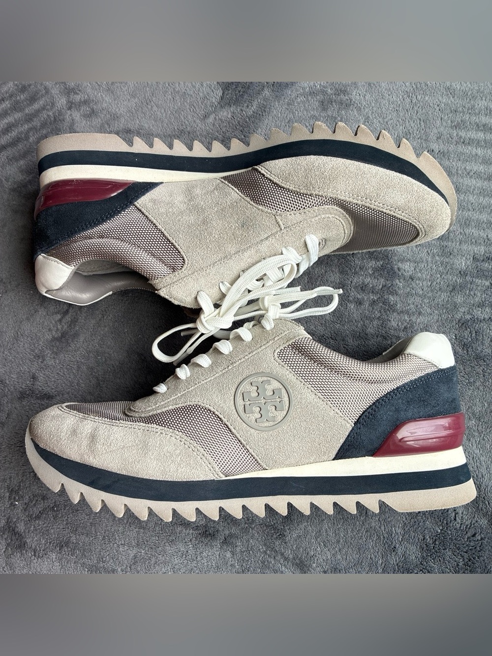 Tory Burch Beige Suede & Mesh Sneakers with Navy and Burgundy Accents